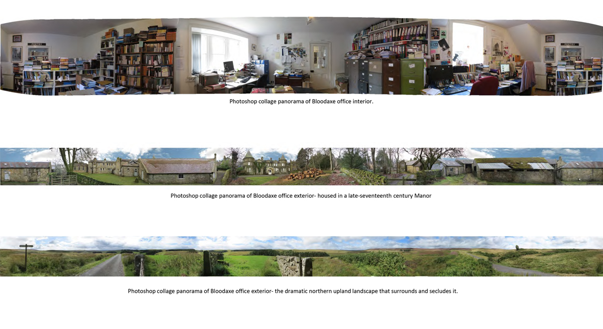 Three panoramic photographs of an office interior, and two of rural landscape